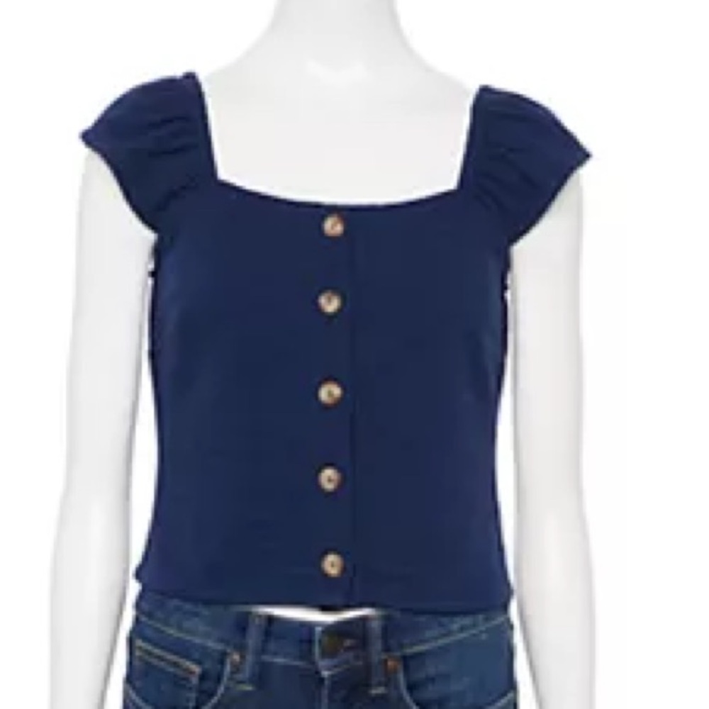 Juniors Navy Blue Rewind Button Front Top